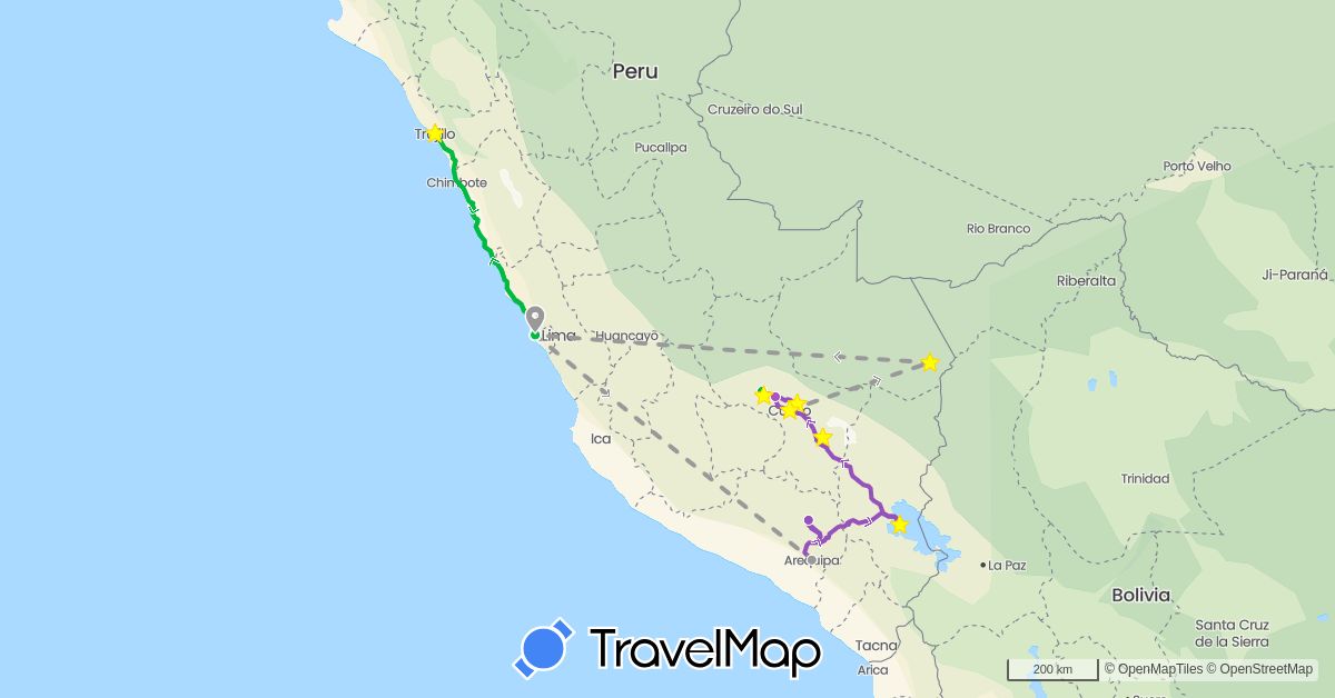 TravelMap itinerary: driving, bus, plane, train, taxi in Peru (South America)