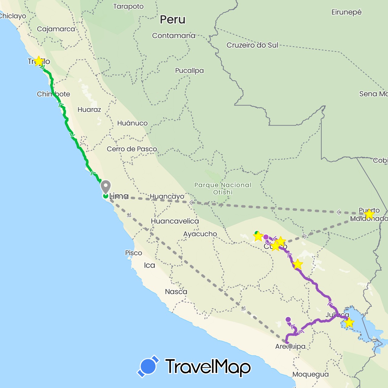 TravelMap itinerary: driving, bus, plane, train, taxi in Peru (South America)