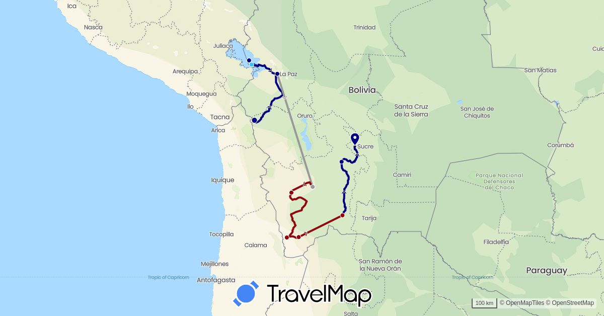 TravelMap itinerary: driving, plane, boat, 4x4 in Bolivia (South America)