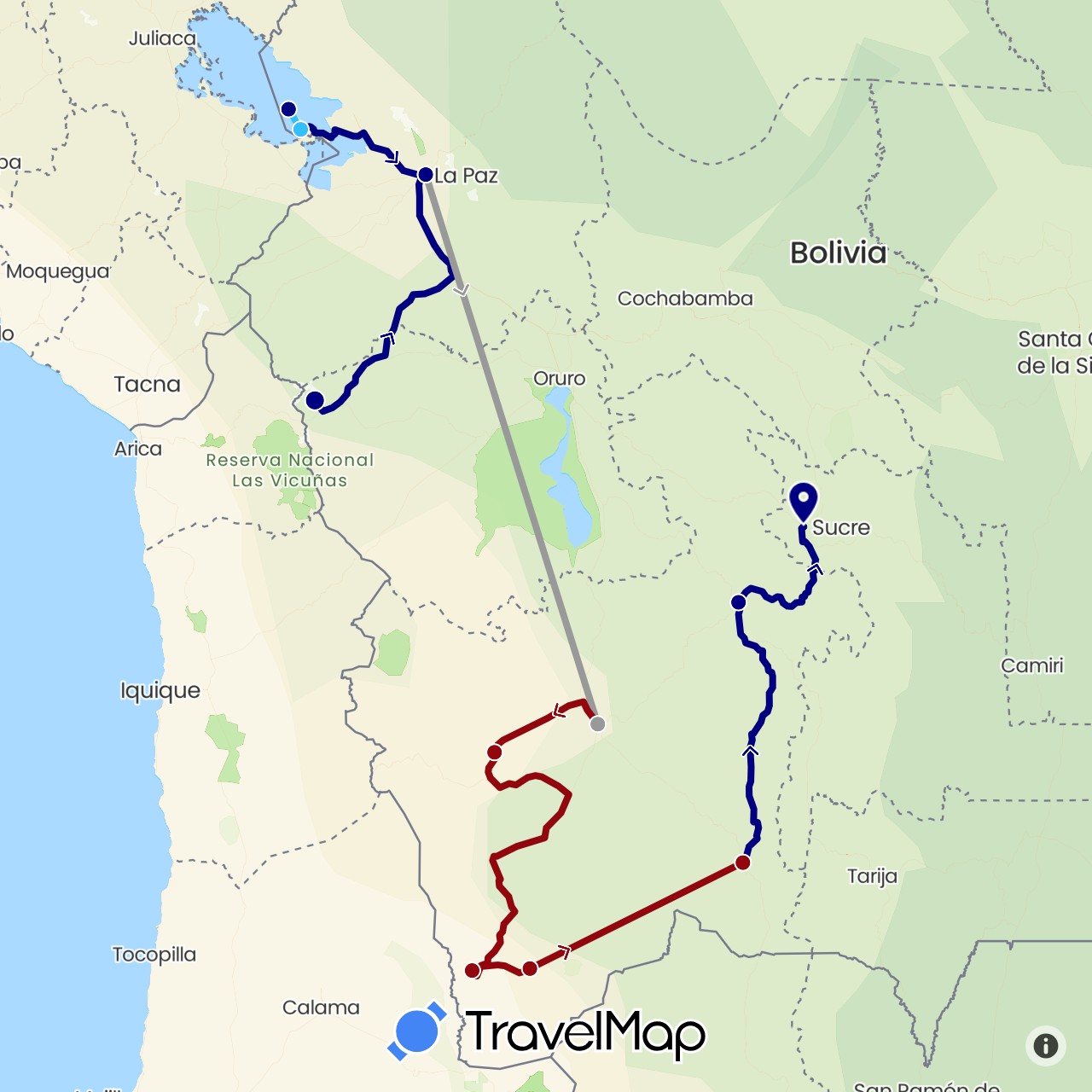 TravelMap itinerary: driving, plane, boat, 4x4 in Bolivia (South America)