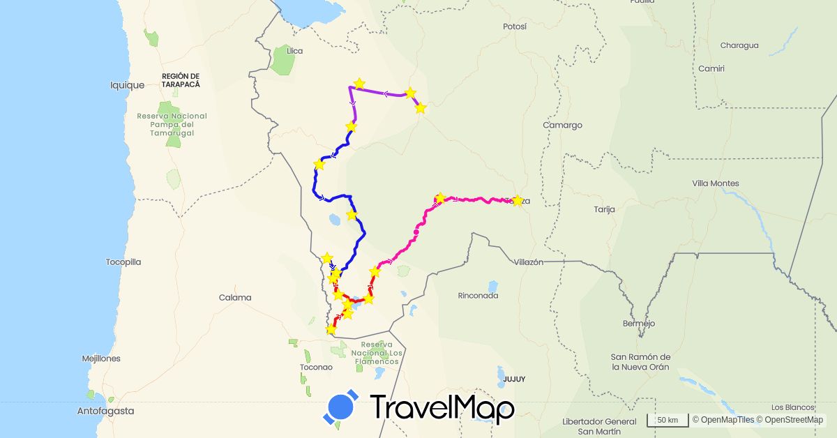 TravelMap itinerary: driving, jour 2, jour 3, jour 1, jour 4 in Bolivia (South America)