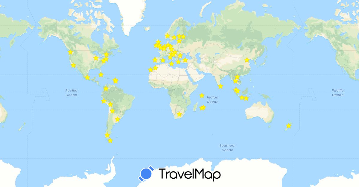 TravelMap itinerary: driving in Argentina, Belgium, Bolivia, Canada, China, Colombia, Cuba, Czech Republic, Germany, Spain, Finland, France, United Kingdom, Greece, Croatia, Hungary, Indonesia, Ireland, Italy, Laos, Sri Lanka, Latvia, Morocco, Malta, Mauritius, Mexico, Malaysia, Netherlands, Norway, New Zealand, Peru, Portugal, Romania, Russia, Seychelles, Sweden, Singapore, Slovenia, Thailand, Turkey, United States, South Africa (Africa, Asia, Europe, North America, Oceania, South America)