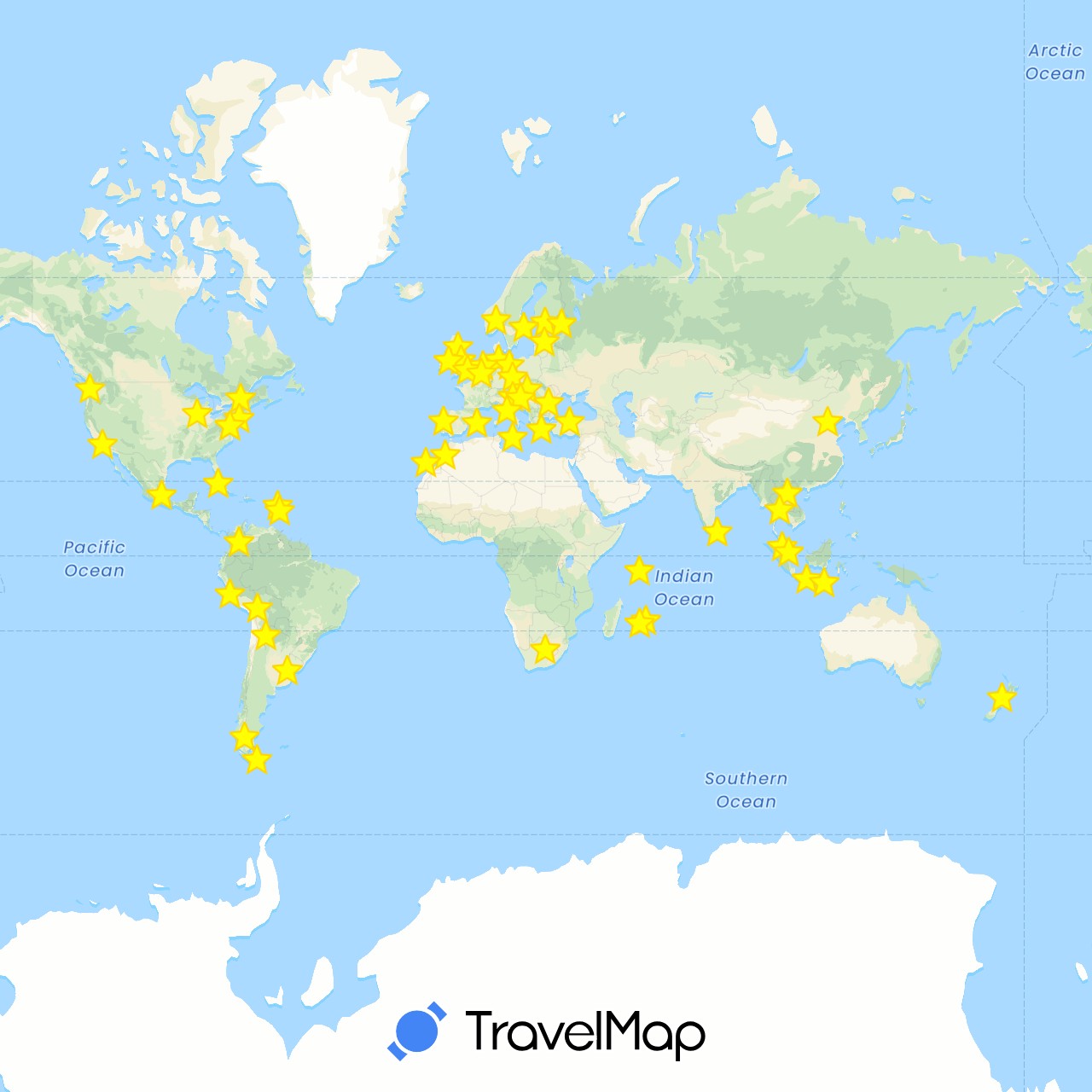TravelMap itinerary: driving in Argentina, Belgium, Bolivia, Canada, China, Colombia, Cuba, Czech Republic, Germany, Spain, Finland, France, United Kingdom, Greece, Croatia, Hungary, Indonesia, Ireland, Italy, Laos, Sri Lanka, Latvia, Morocco, Malta, Mauritius, Mexico, Malaysia, Netherlands, Norway, New Zealand, Peru, Portugal, Romania, Russia, Seychelles, Sweden, Singapore, Slovenia, Thailand, Turkey, United States, South Africa (Africa, Asia, Europe, North America, Oceania, South America)