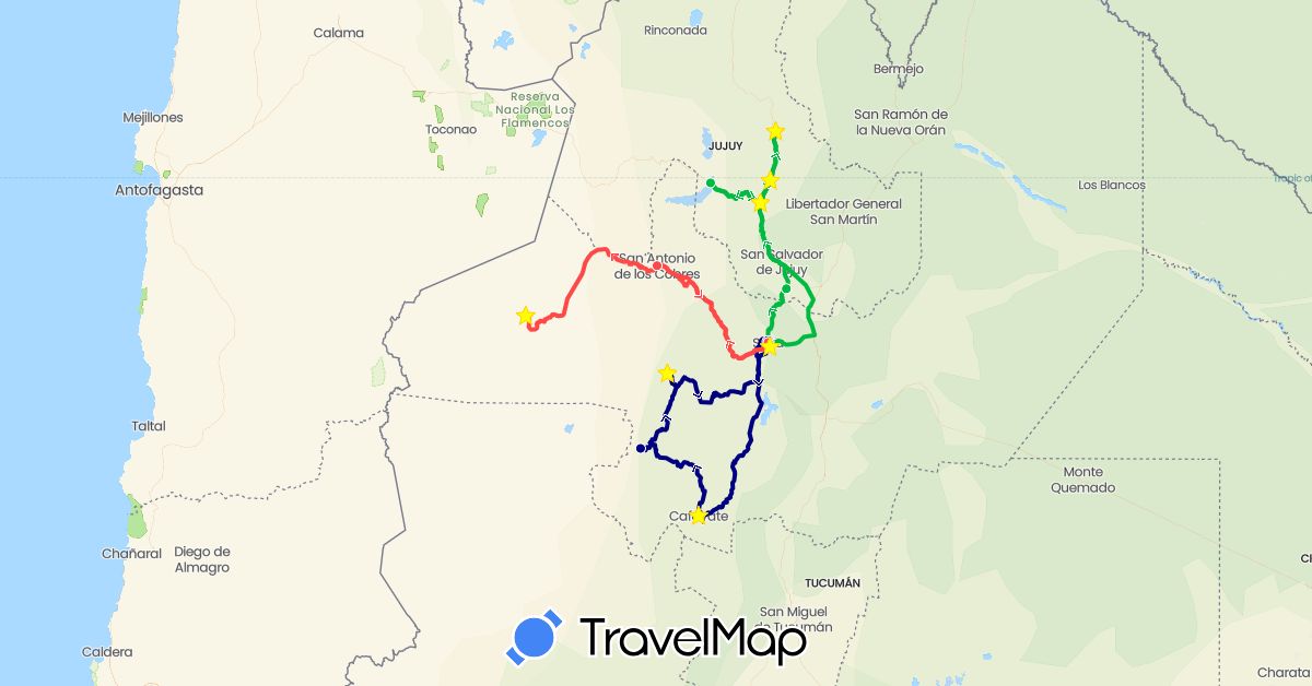 TravelMap itinerary: driving, bus, hiking in Argentina (South America)