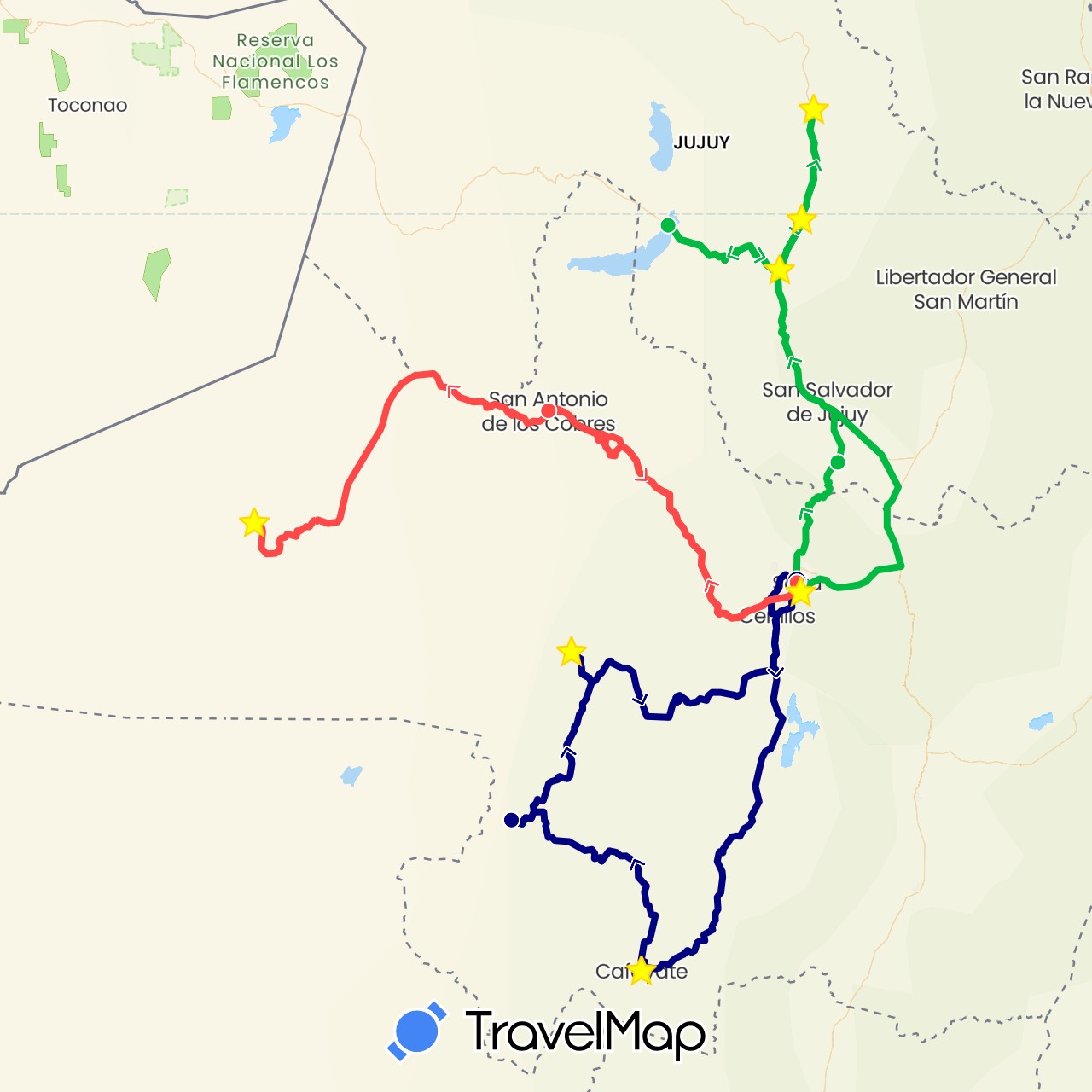 TravelMap itinerary: driving, bus, hiking in Argentina (South America)